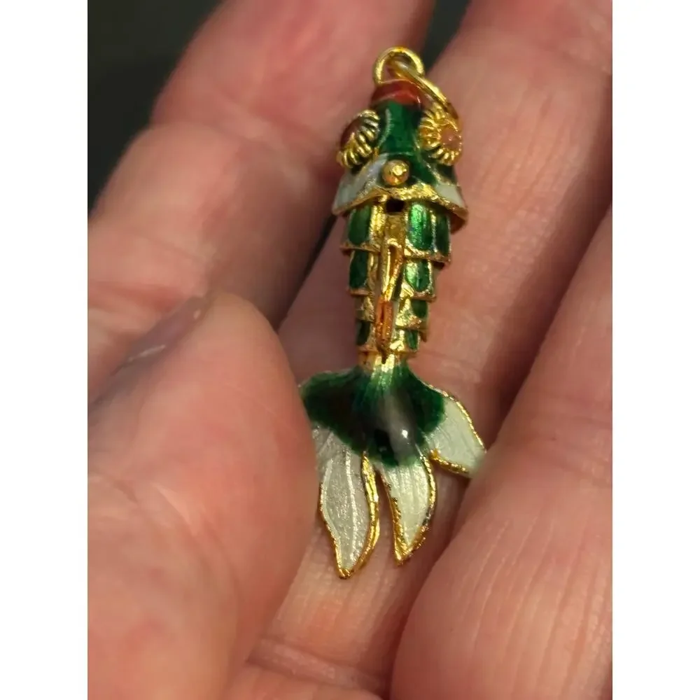 Vintage Articulated Enamel Fish Charm Pendant green